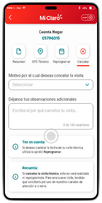 Paso 7 - Reagenda o cancela visitas técnicas en App Mi Claro 