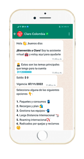 Paso 1 - Compra Paquetes Roaming Internacional con el WhatsApp Claro 